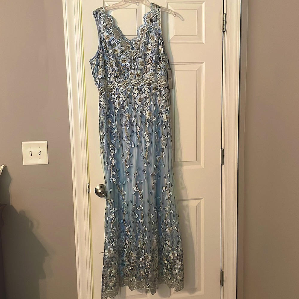 Light blue long Tahari dress with floral design. NWT, perfect condition